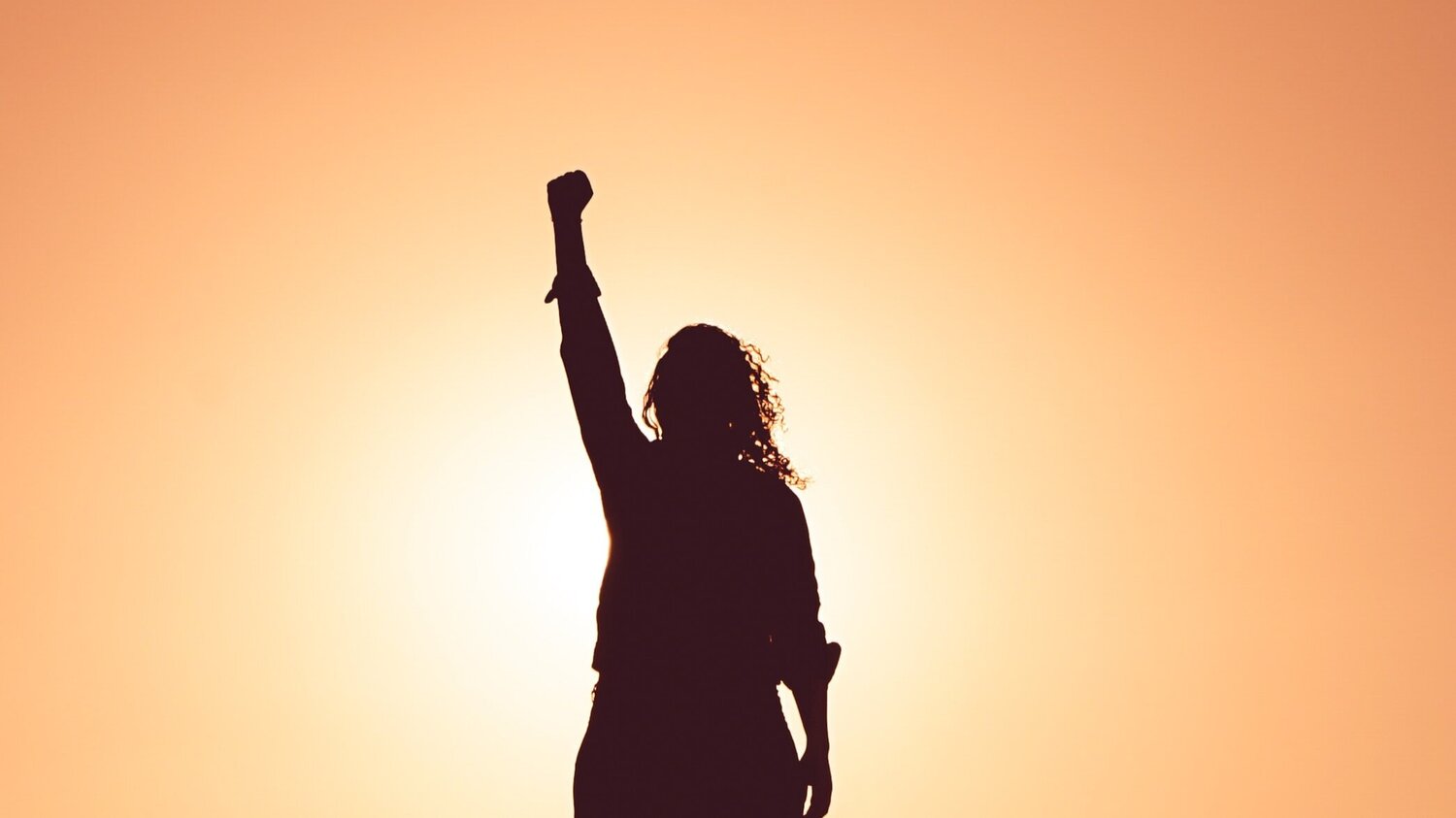 Woman raising fist with sun behind