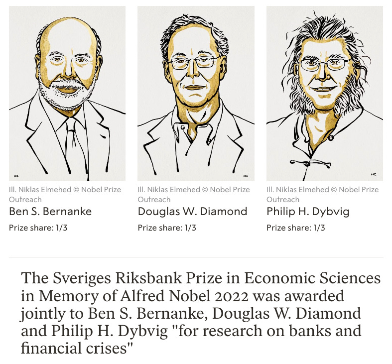 Ben Bernanke, Douglas Diamond, and Philip Dybvig share prize in economics.
