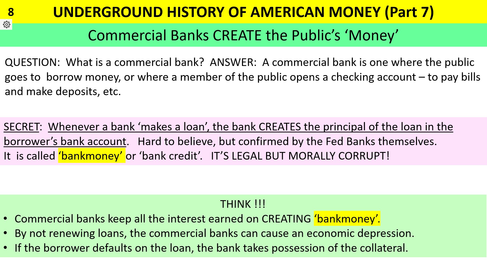 Commercial banks create deposits, used as money, when they make loans.