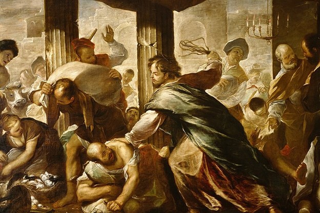 Jesus drives the money-changers from the temple.