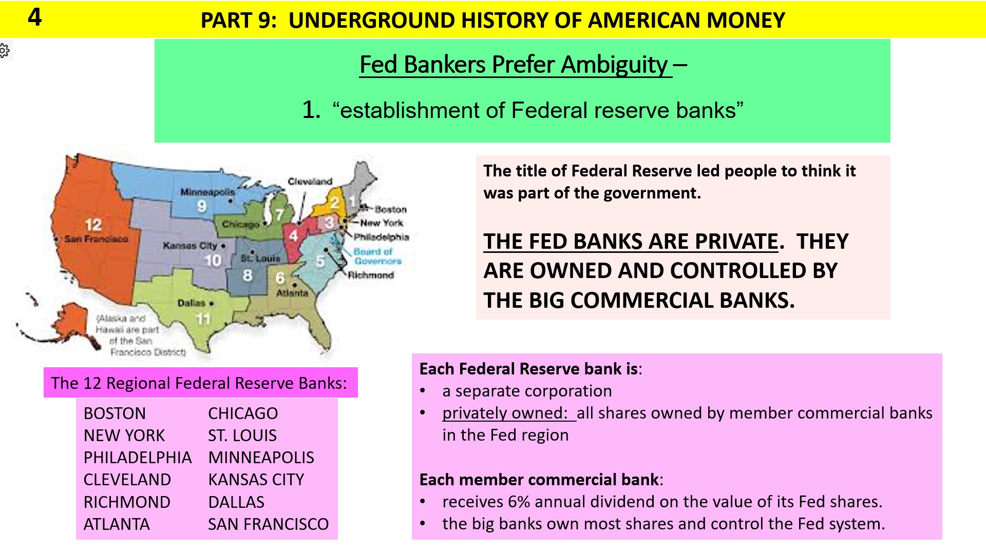 Establishment of the Federal Reserve Regional Banks, which are private and owned by large commerdial banks
