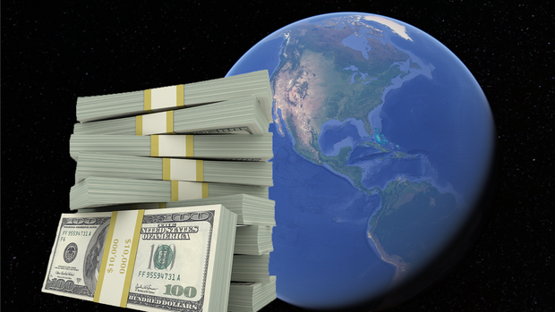 Image of globe with stacks of dollars